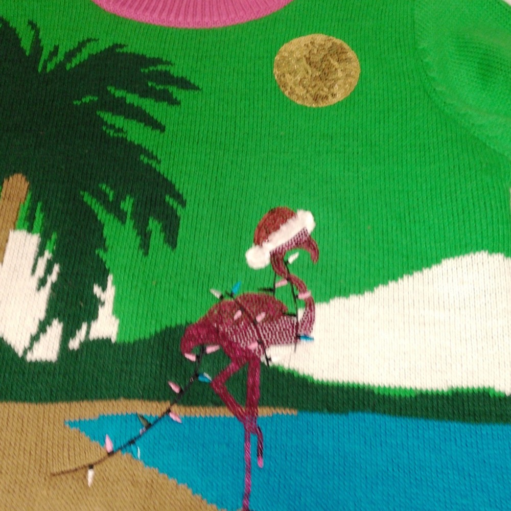 Poof New York Womens Green Flamingo Tropical Ugly Christmas Sweater Size M - Picture 6 of 9